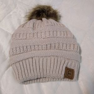 CC Knit Cream Color Beanie Hat Fuzzy Pom Pom